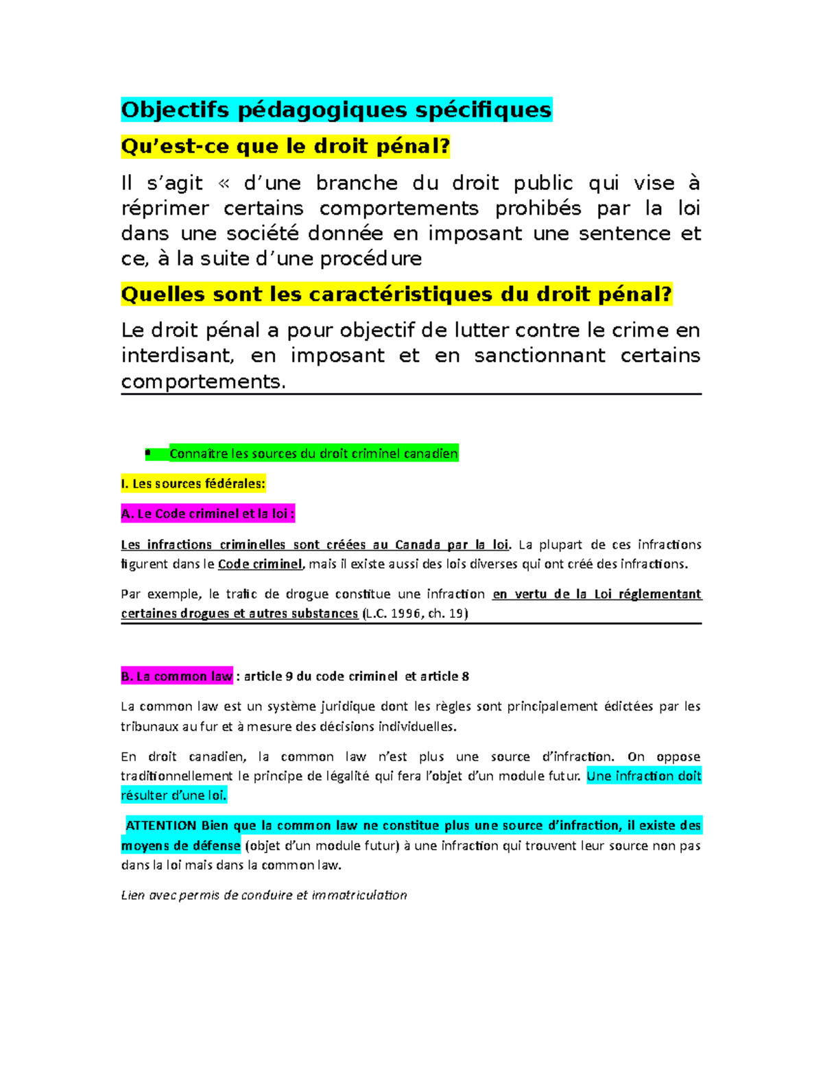 Cours 1 Droit Pénal : Introduction et Sources du Droit Criminel ...