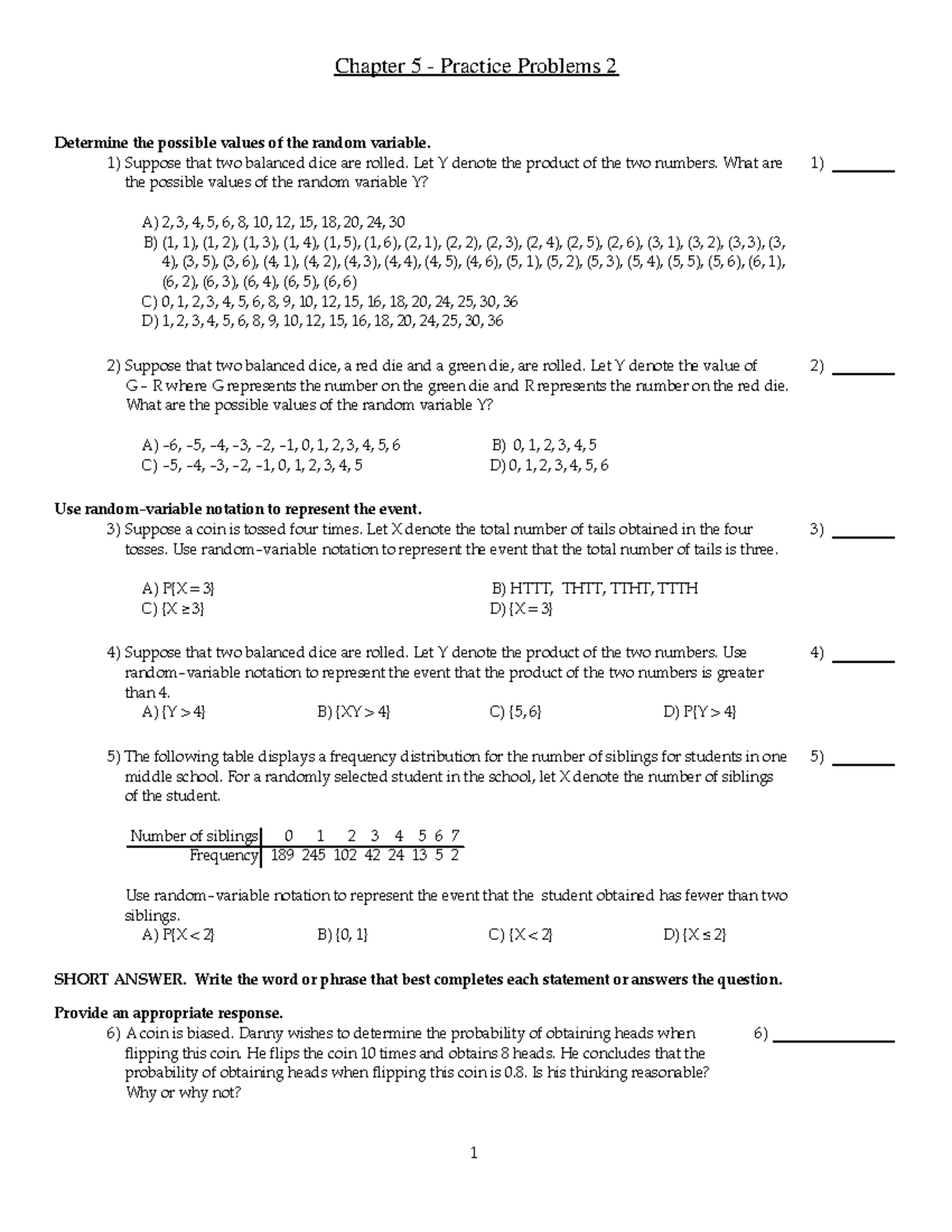 Ch 5 Practice Problems Set 2 - Random Variable Exercises - Studocu