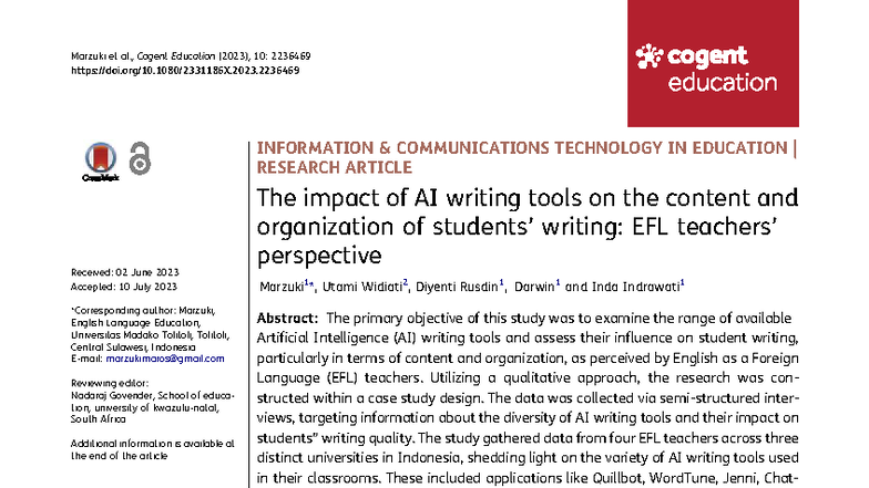 The Impact of AI Writing Tools on EFL Students' Writing Quality - Studocu