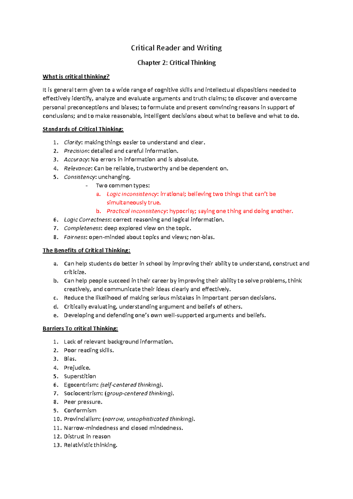 Critical Thinking Concepts and Frameworks - CRW 101 - Studocu