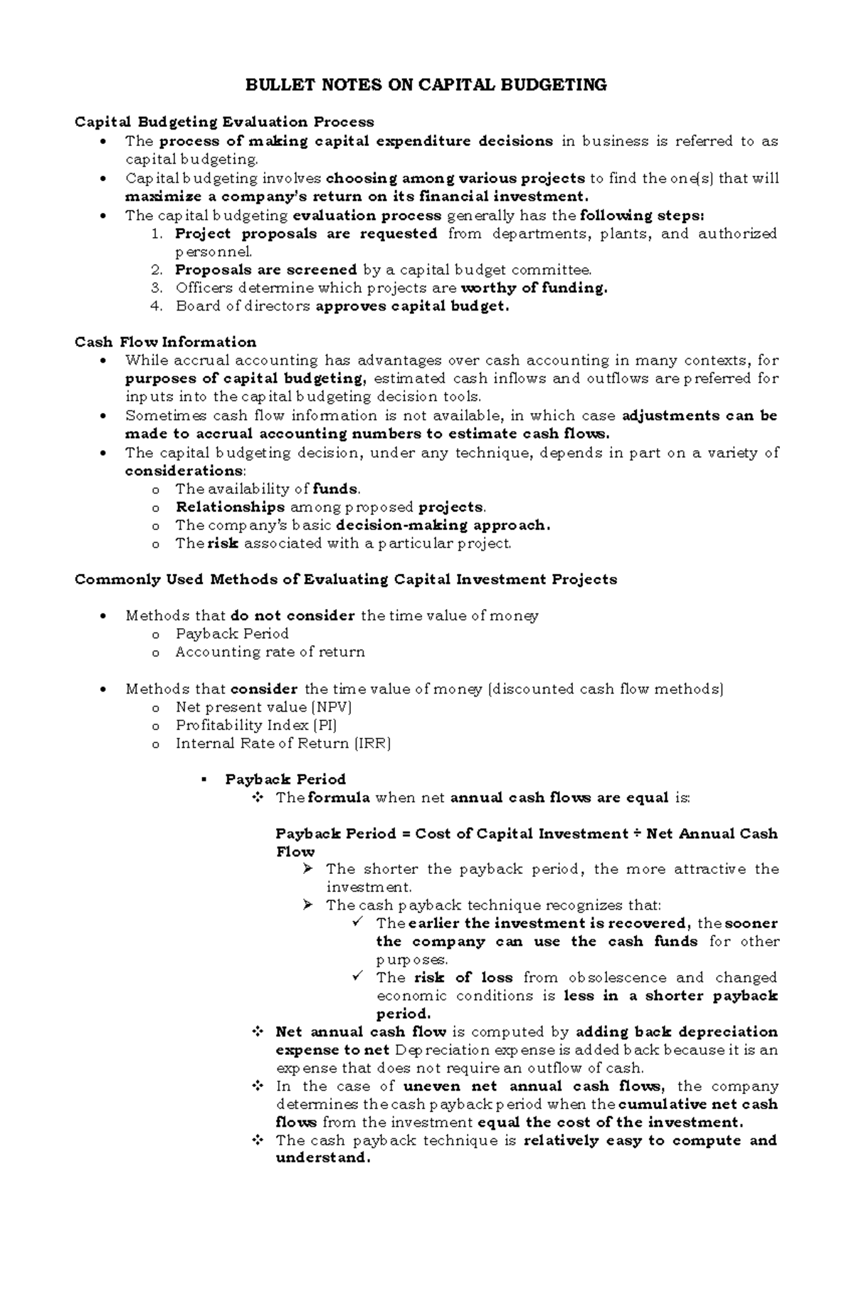 MS Bullet Notes 9 - Capital Budgeting Overview and Key Techniques - Studocu