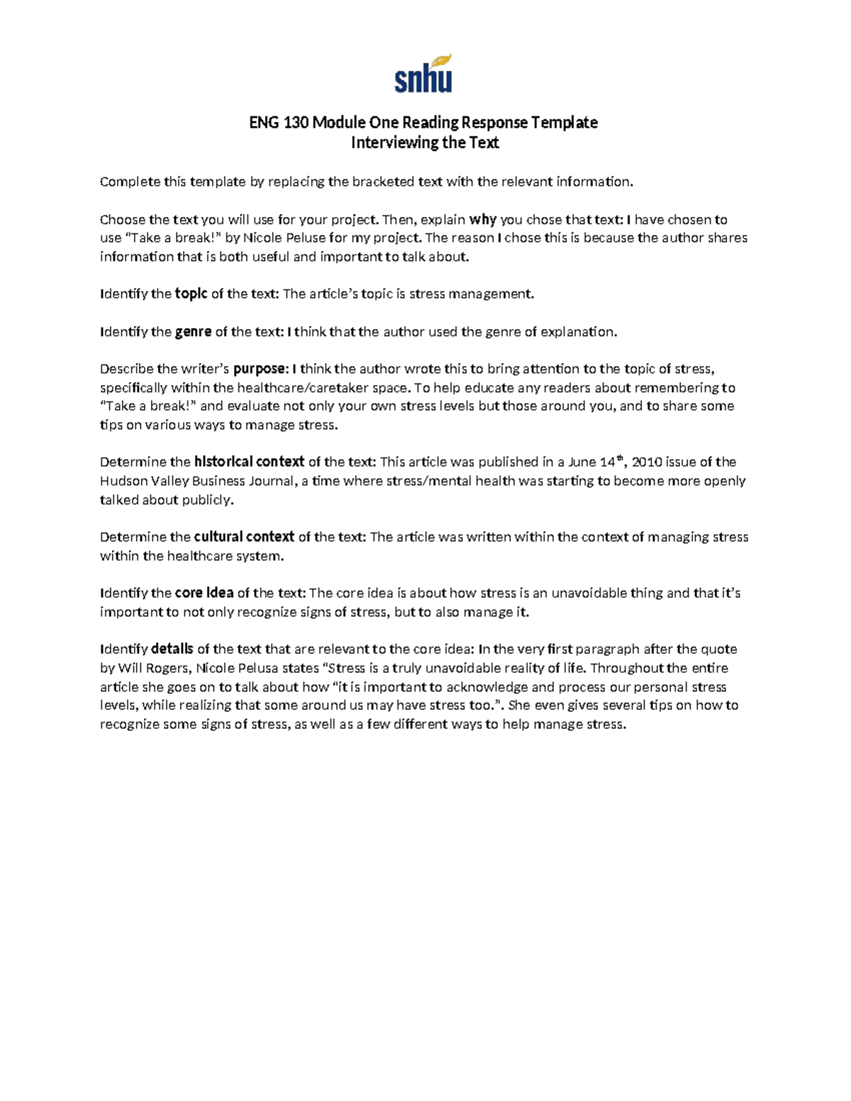 ENG 130 Module One Reading Response on 
