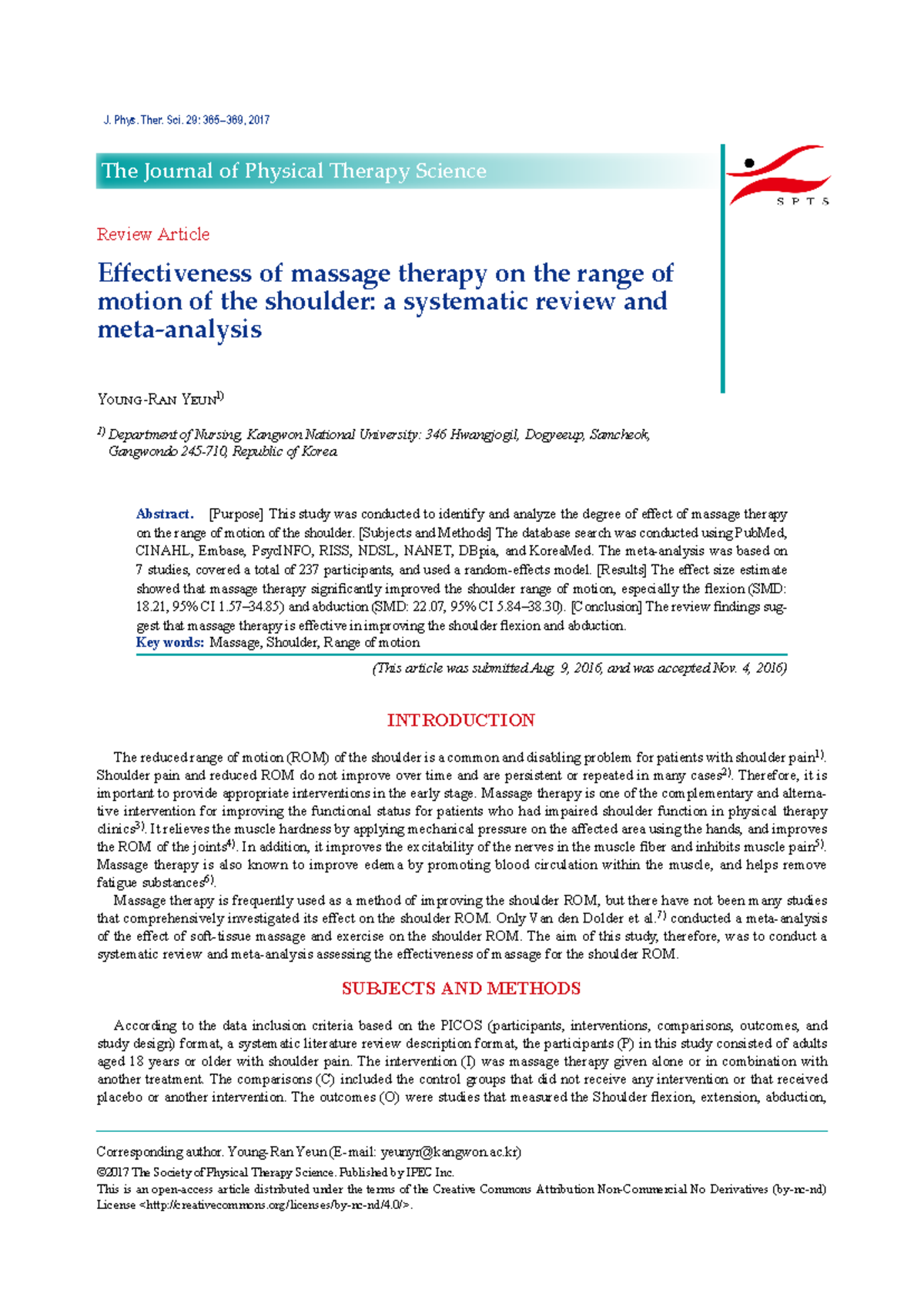 Effectiveness of massage therapy on the range of - Review Article ...
