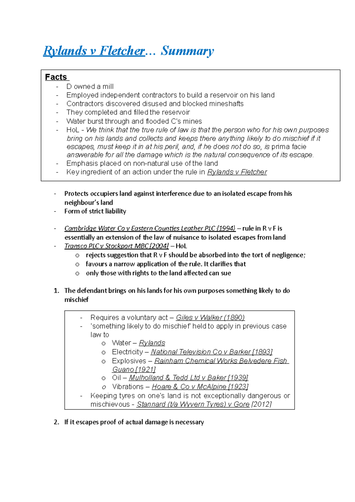 Rylands v Fletcher: Summary and Key Legal Principles - Studocu