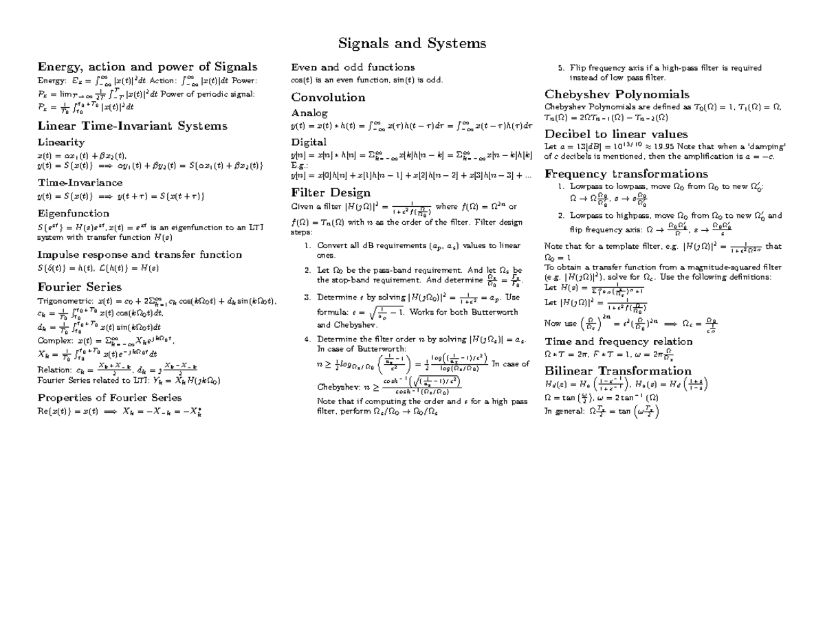 Systems and Signals Formula Notes (Course Code: ECE 302) - Studeersnel