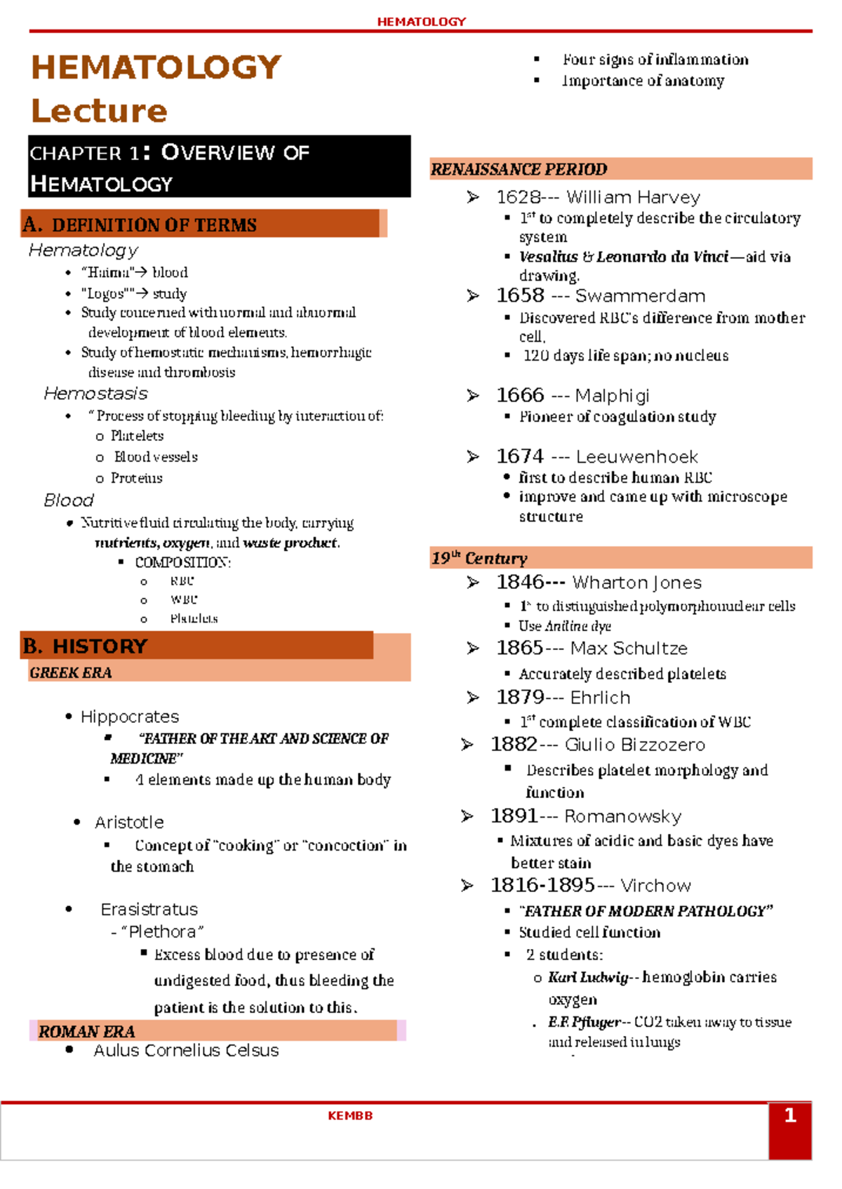 Hematology Lecture Notes - CH 1: Overview & Blood Elements - Studocu