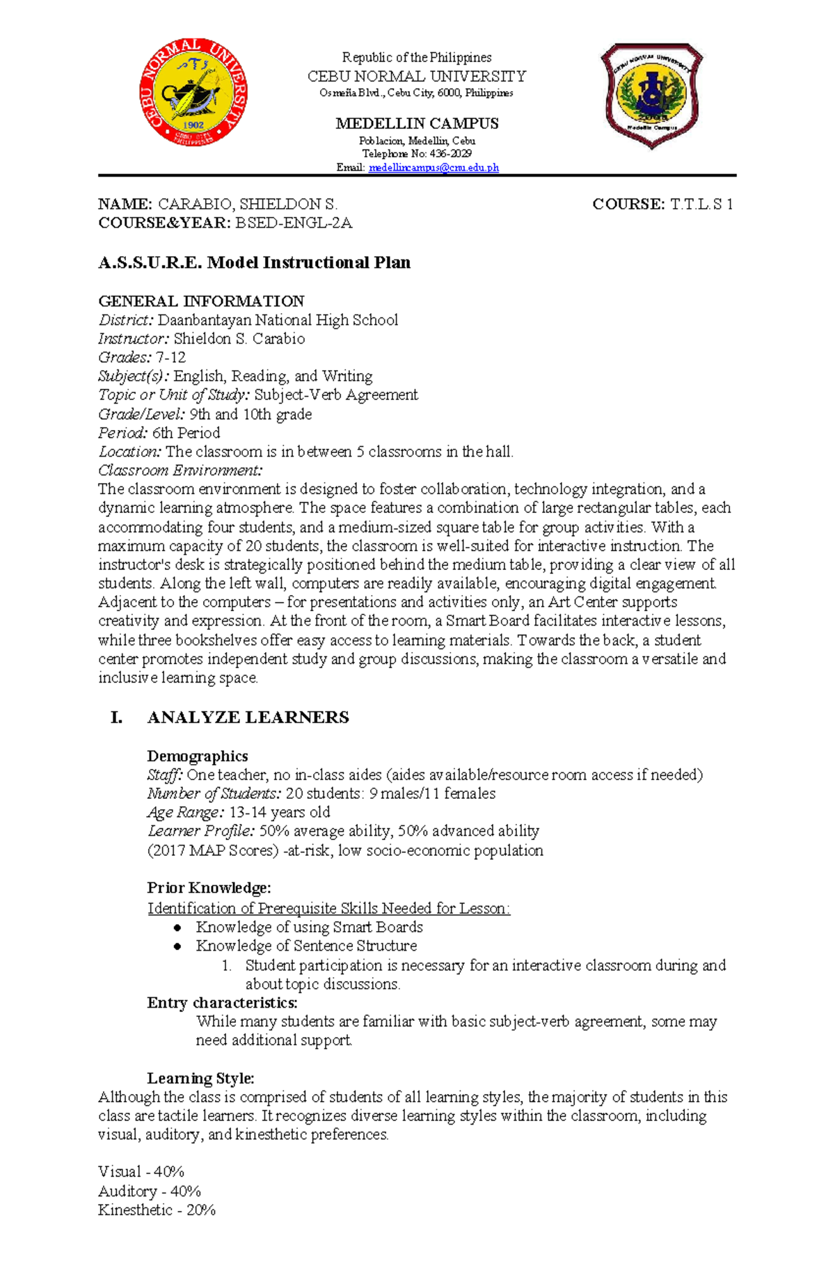 A.S.S.U.R.E Lesson PLAN - Republic of the Philippines CEBU NORMAL ...