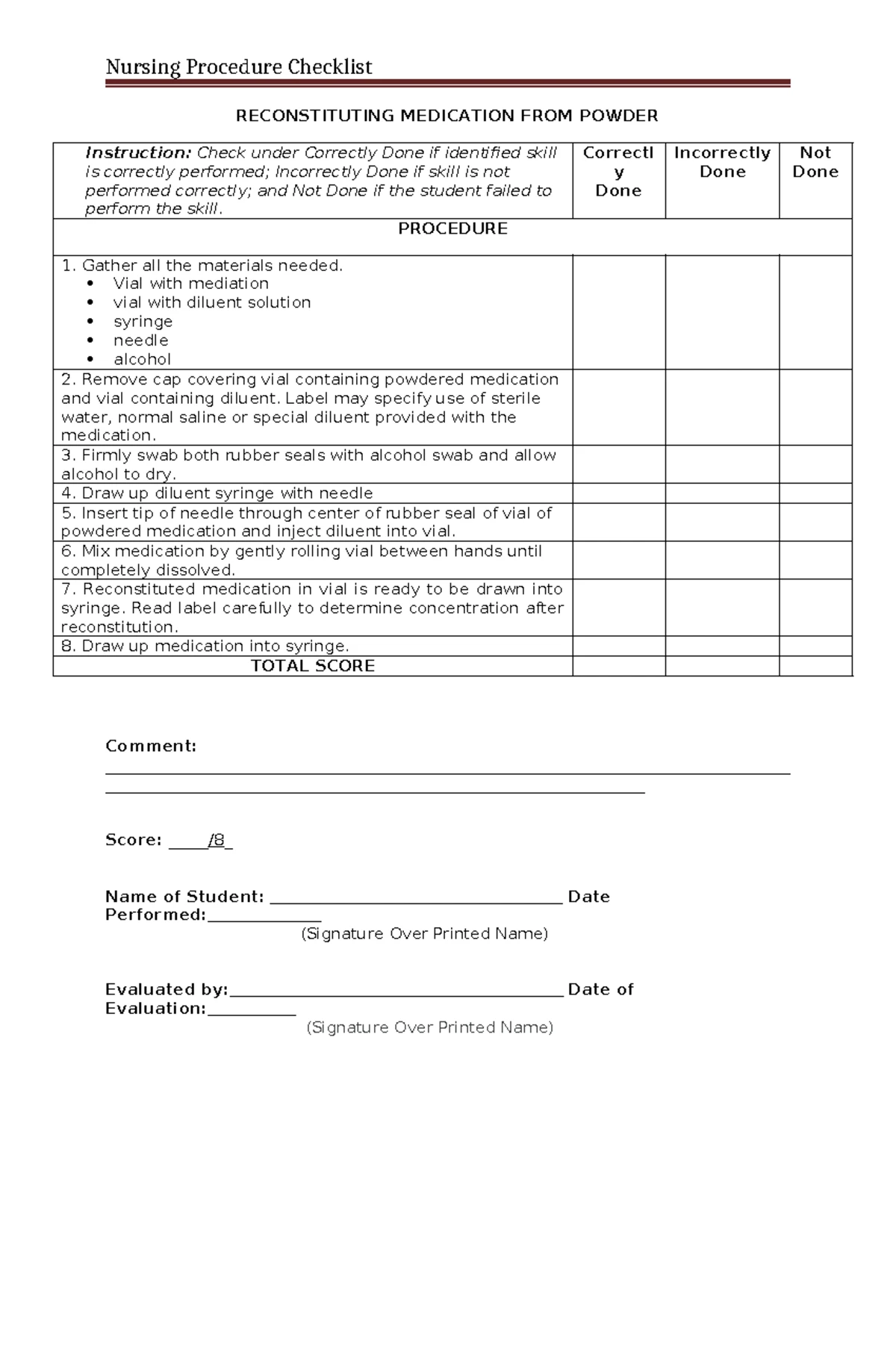 Starting an IV Insertion: Nursing Procedure Checklist 1 - Studocu