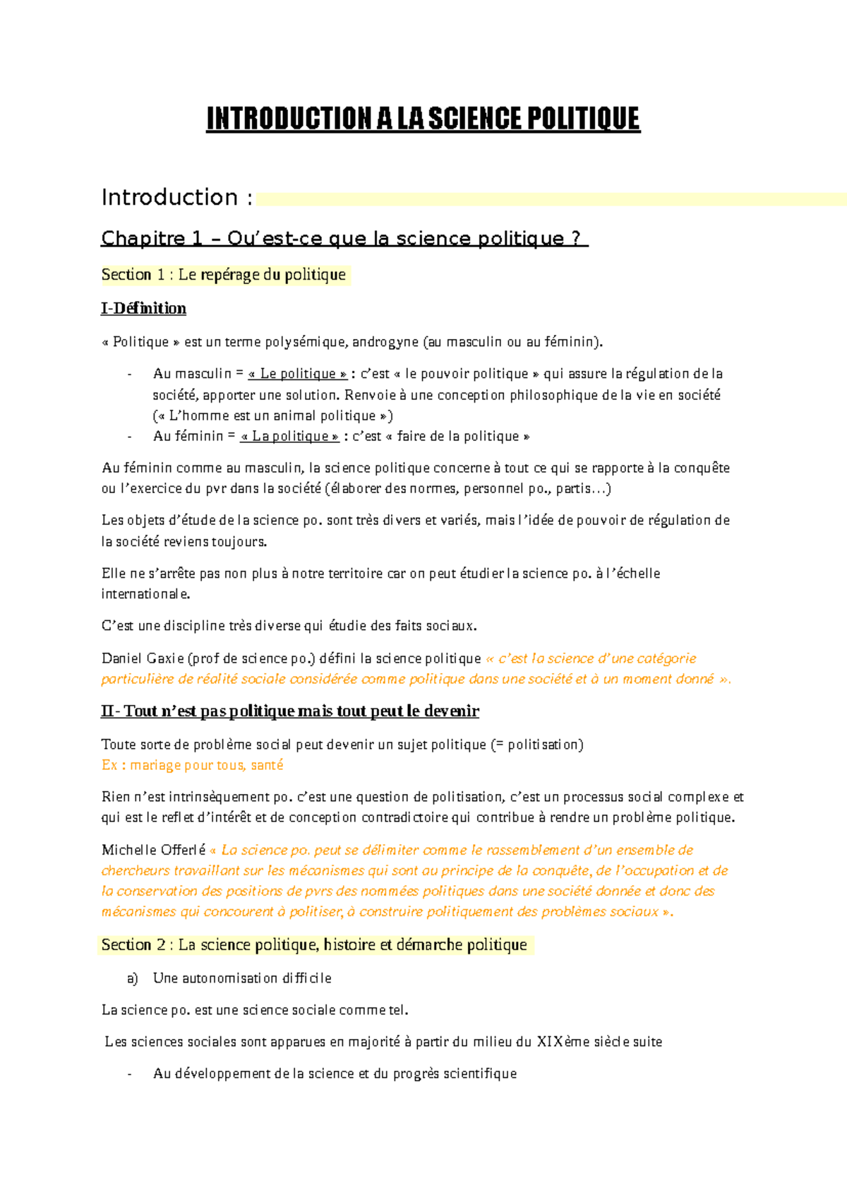 CM (SCIENCE PO) - Introduction à la Science Politique: Chapitre 1 - Studocu