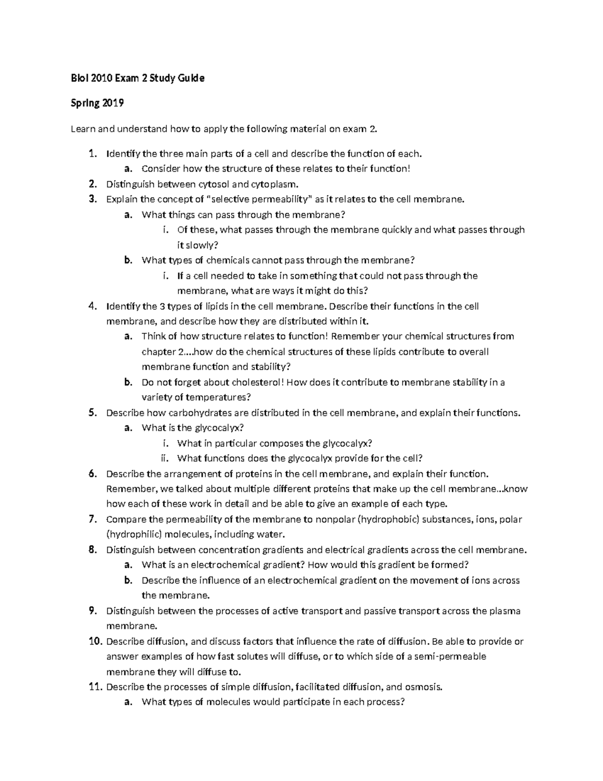 Biol 2010 Final Exam Study Guide Spring 2019: Cell Membrane Concepts ...