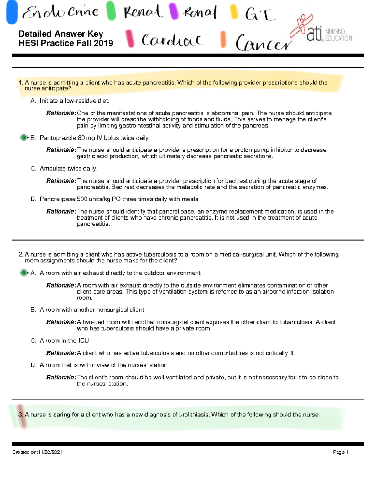 HESI Practice Exam Detailed Answer Key for Fall 2019 (150 Qs) - Studocu