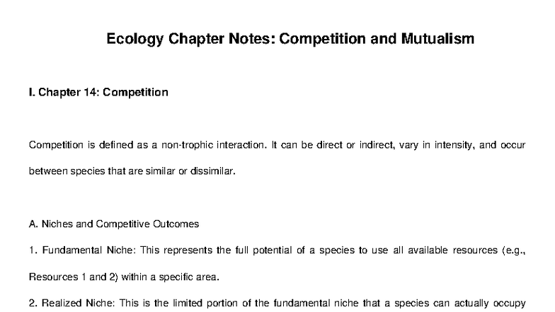Ecology Chapter Notes: Competition & Mutualism (Chapter 14) - Studocu