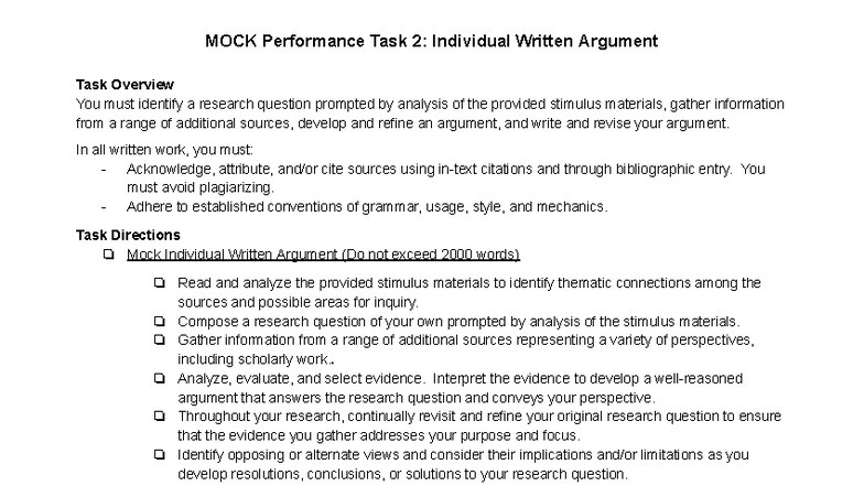 Mock IWA Directions & Rubric for Performance Task 2 - Studocu