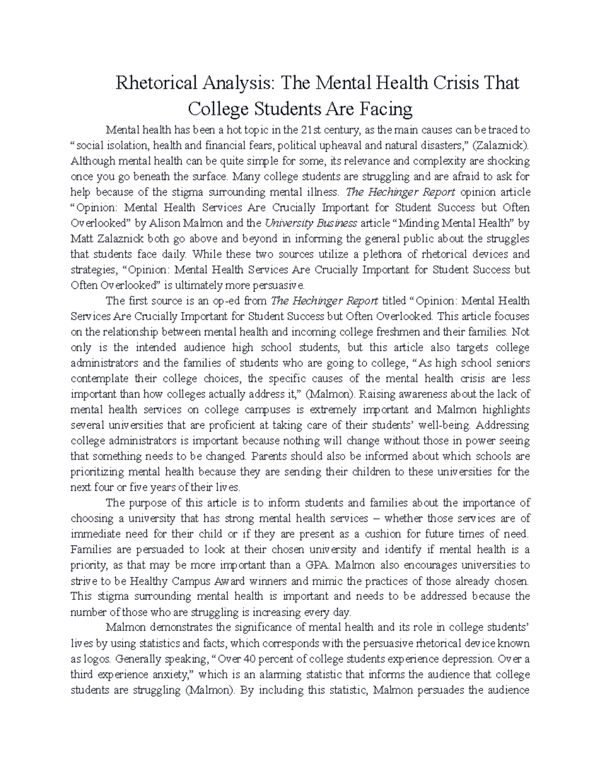 Rhetorical Analysis Essay: Mental Health Crisis in College Students ...