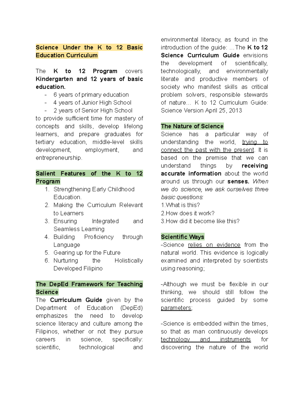 K to 12 Science Curriculum Overview and Reviewer Notes - Studocu