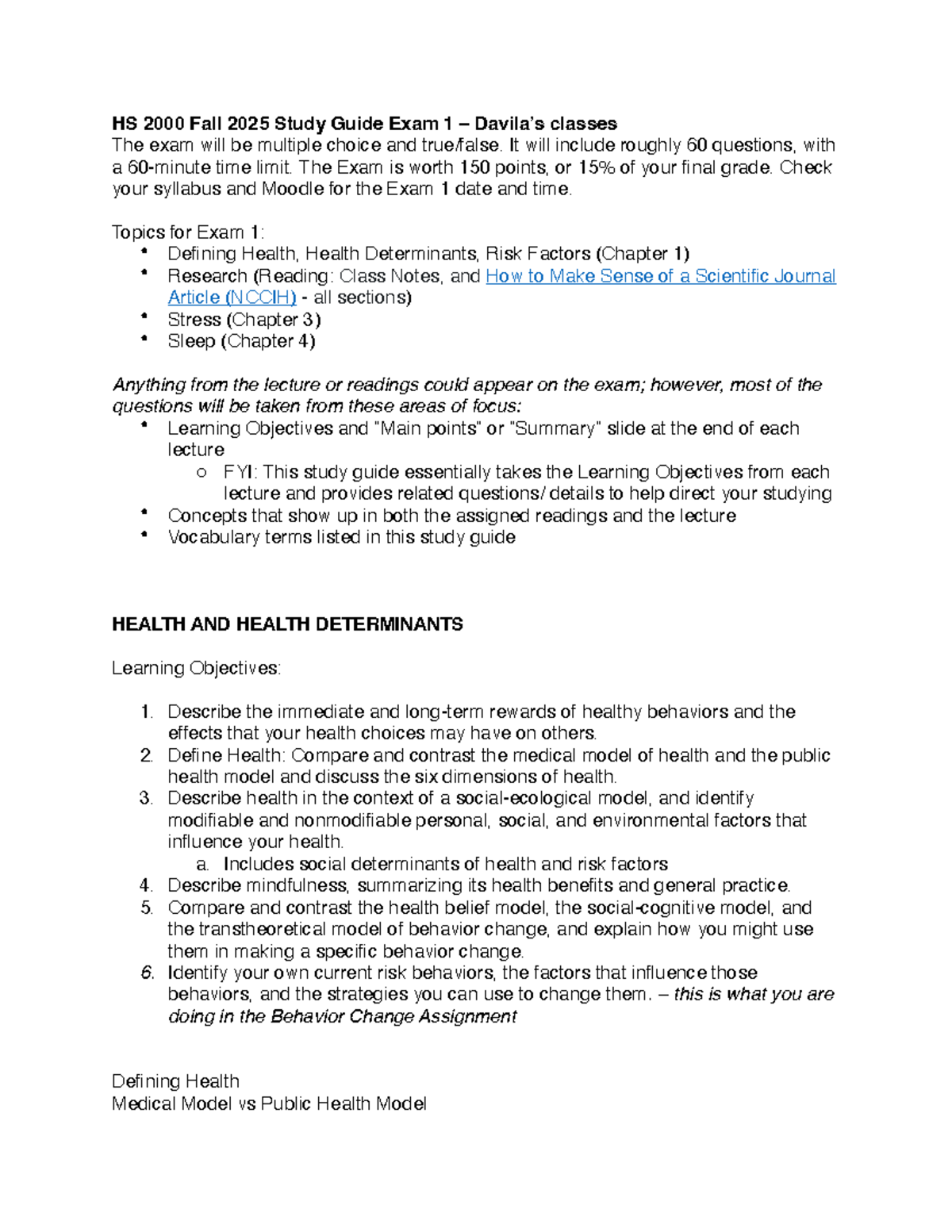 HS 2000 F2025 Study Guide for Exam 1: Health Determinants & Stress ...