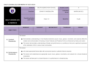 DAILY LESSON LOG FOR MAPEH SY 8: THEATER ARTS & ASIAN FESTIVALS - Studocu