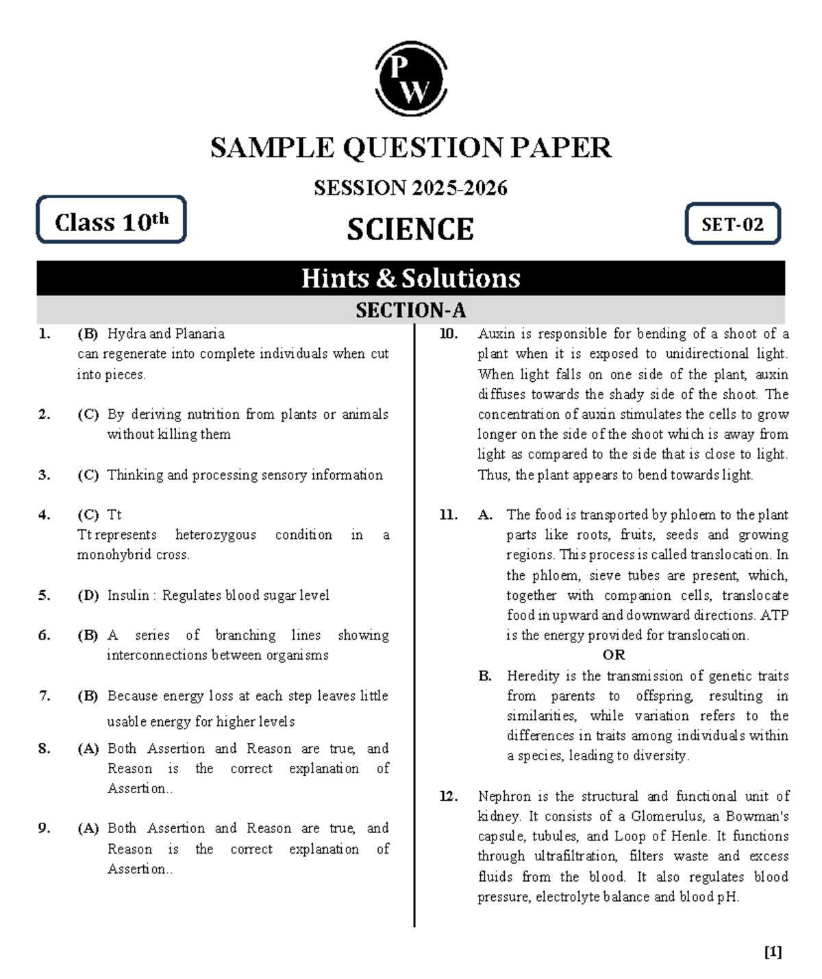 Class 10th Science Sample Question Paper with Hints & Solutions - Studocu