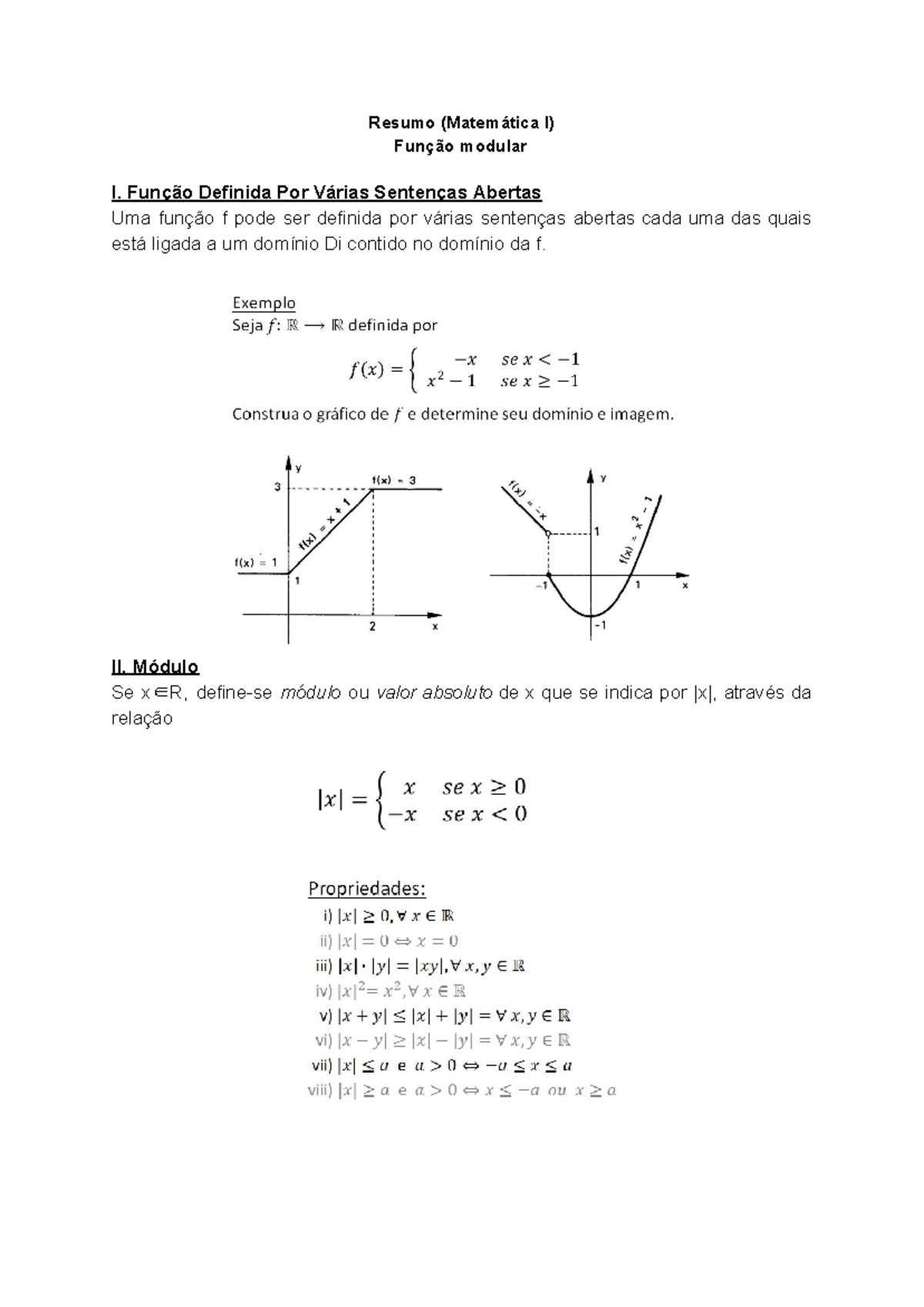 Matemática I: Resumo sobre Função Modular e seu Gráfico - Studocu