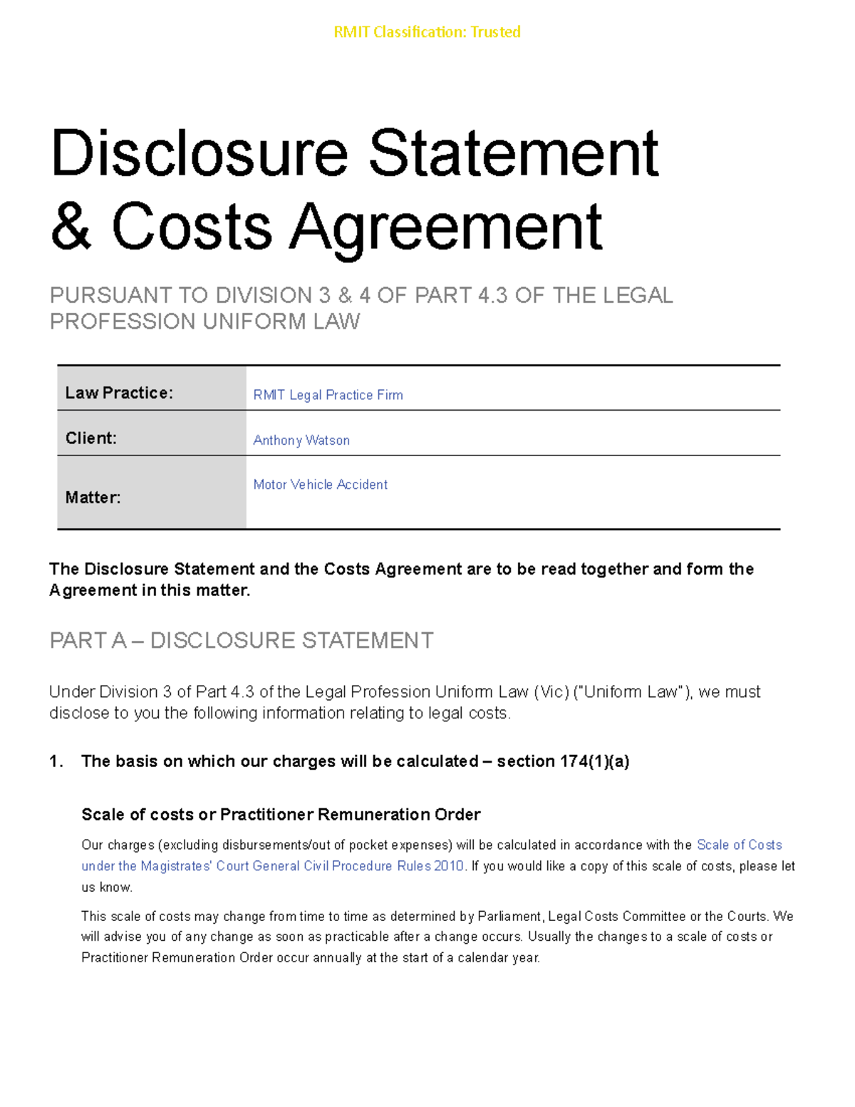 Combined Disclosure Statement & Costs Agreement for Legal Services ...