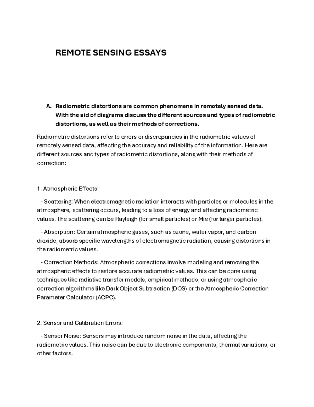 Remote Sensing 1 - Essay on Radiometric Distortions and Corrections ...
