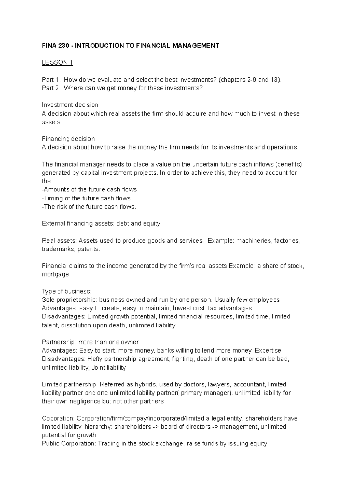 Introduction To Financial Management ch. 1 - 4 - FINA 230 ...