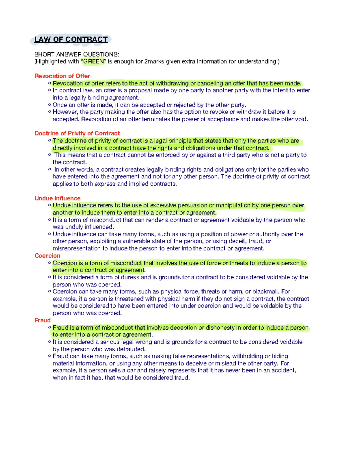LLB 1st YEAR 1st SEM Internal Exam: Law of Contract Notes - Studocu
