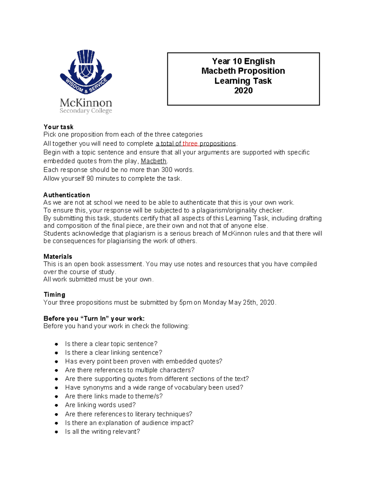 10ENG (Final) Macbeth Proposition Learning Task & Answer Sheet 2020 ...