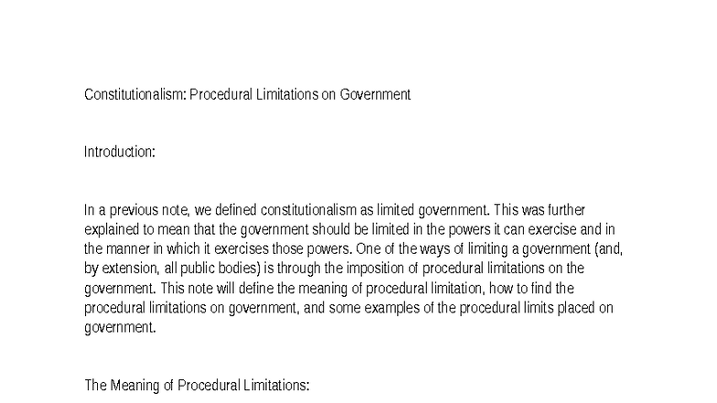 Constitutionalism and Procedural Limitations on Government: An Overview ...