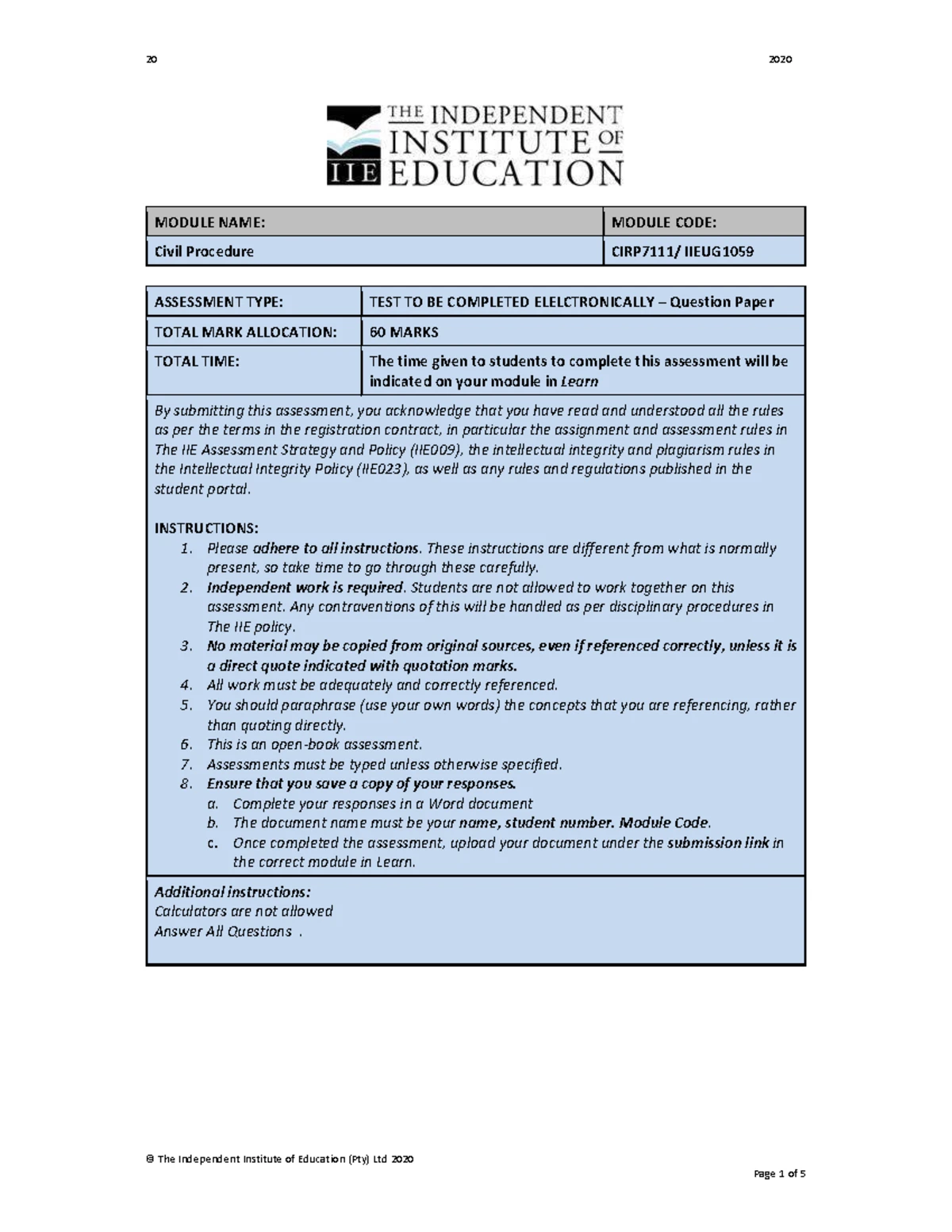 CIPR8411 Civil Procedure Test Paper - 2024 Assessment Guidelines - Studocu