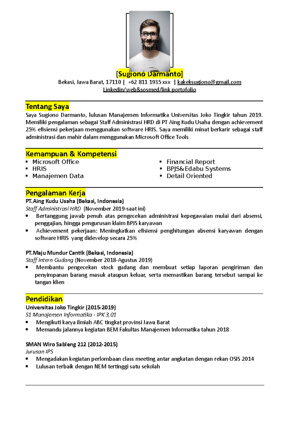 Curriculum Vitae Contoh untuk Manajemen Informatika - Sugiono Darmanto ...