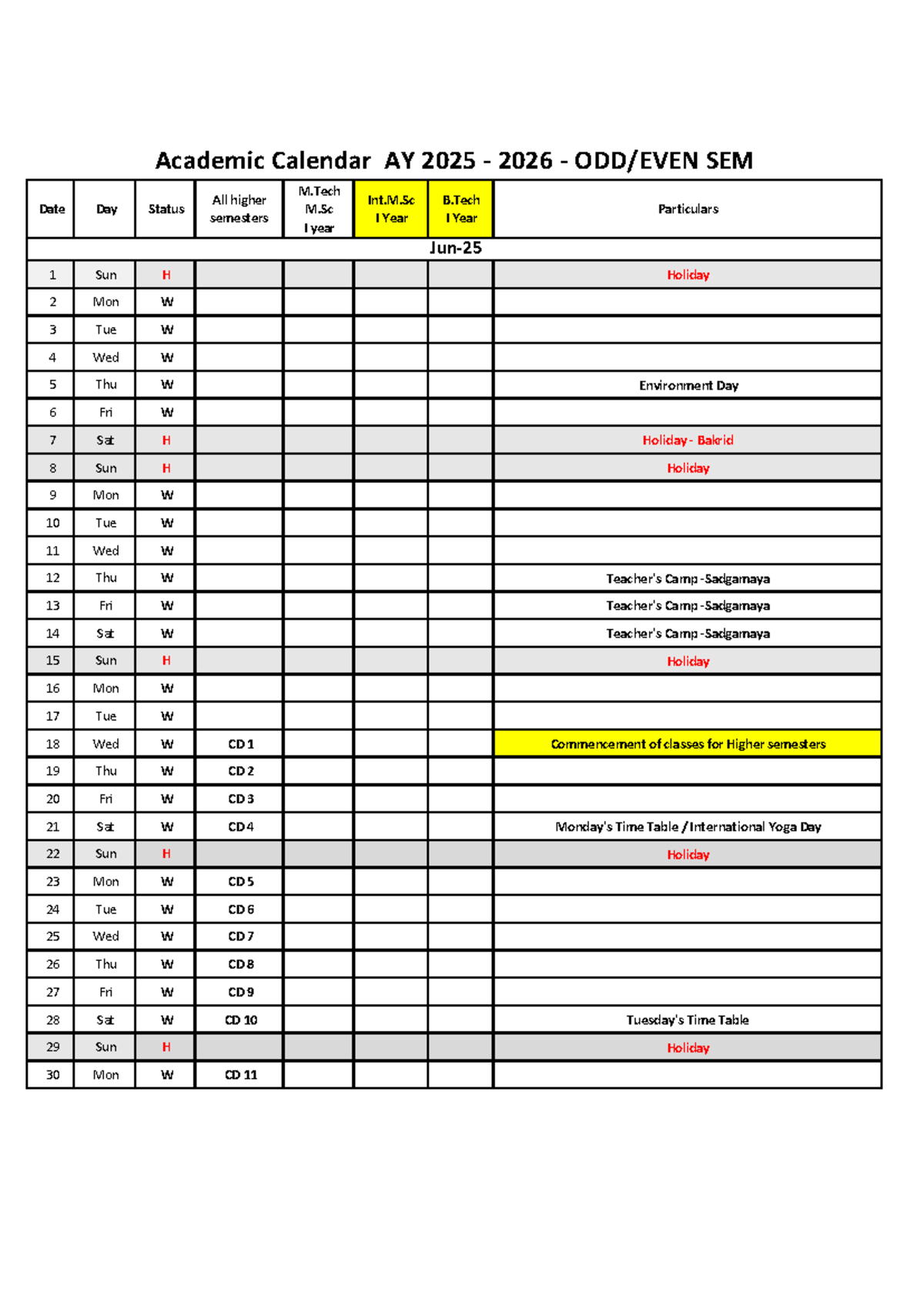 Academic Calendar AY 2025-2026: Odd Semester Schedule - Studocu