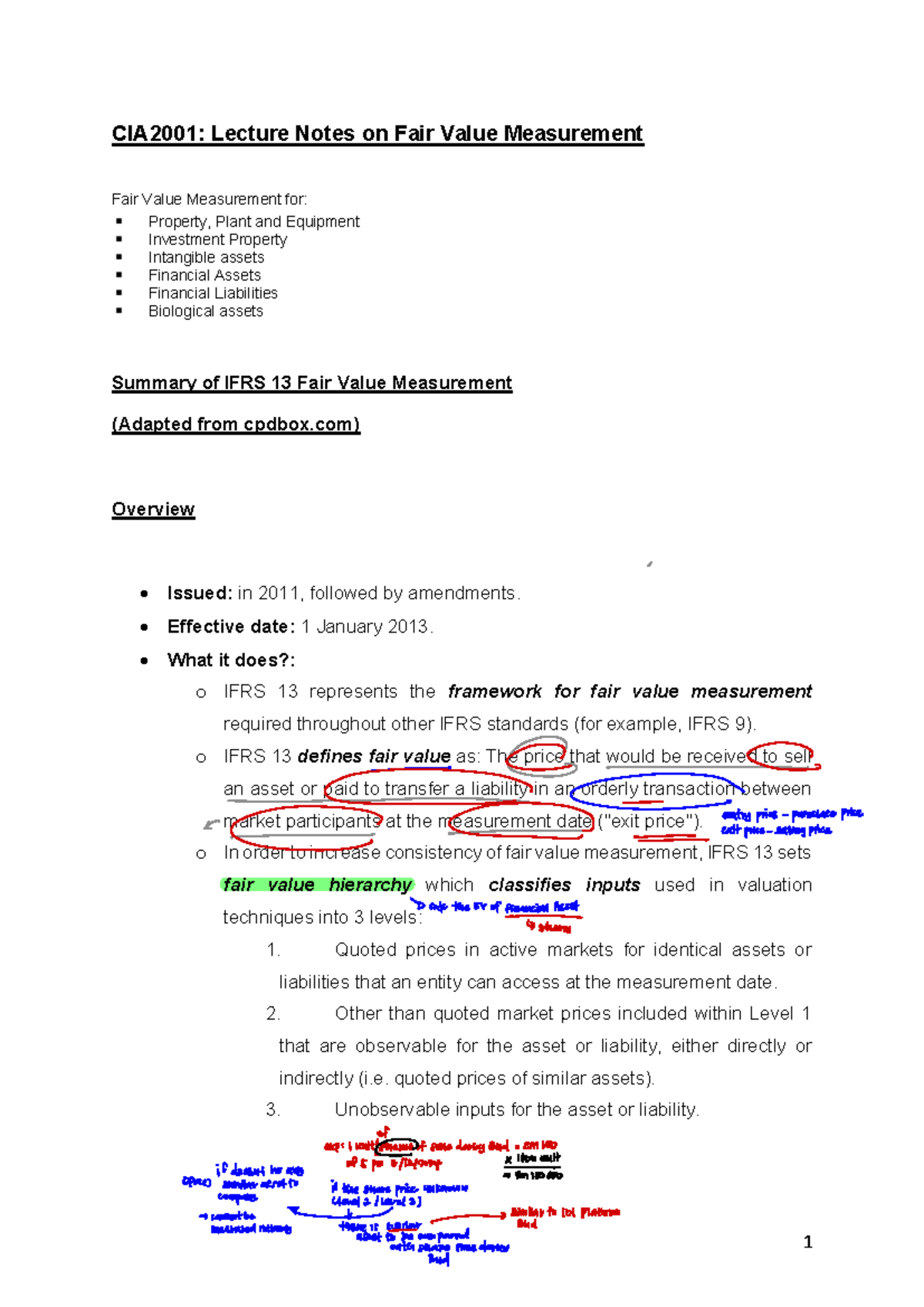 CIA2001: Lecture Notes on Fair Value Measurement (IFRS 13) - Studocu