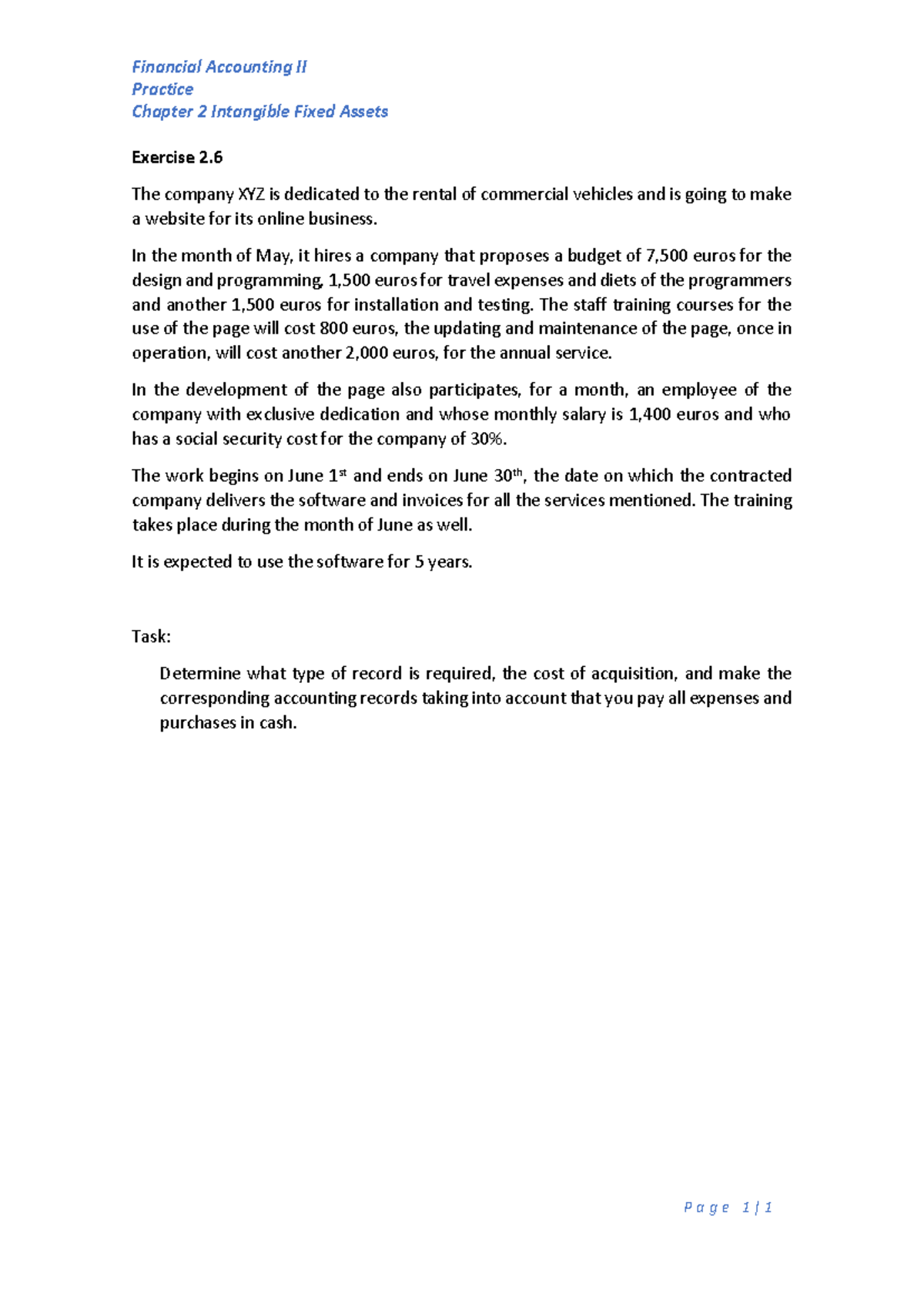 Financial Accounting II: Exercise 2.6 on Intangible Fixed Assets - Studocu