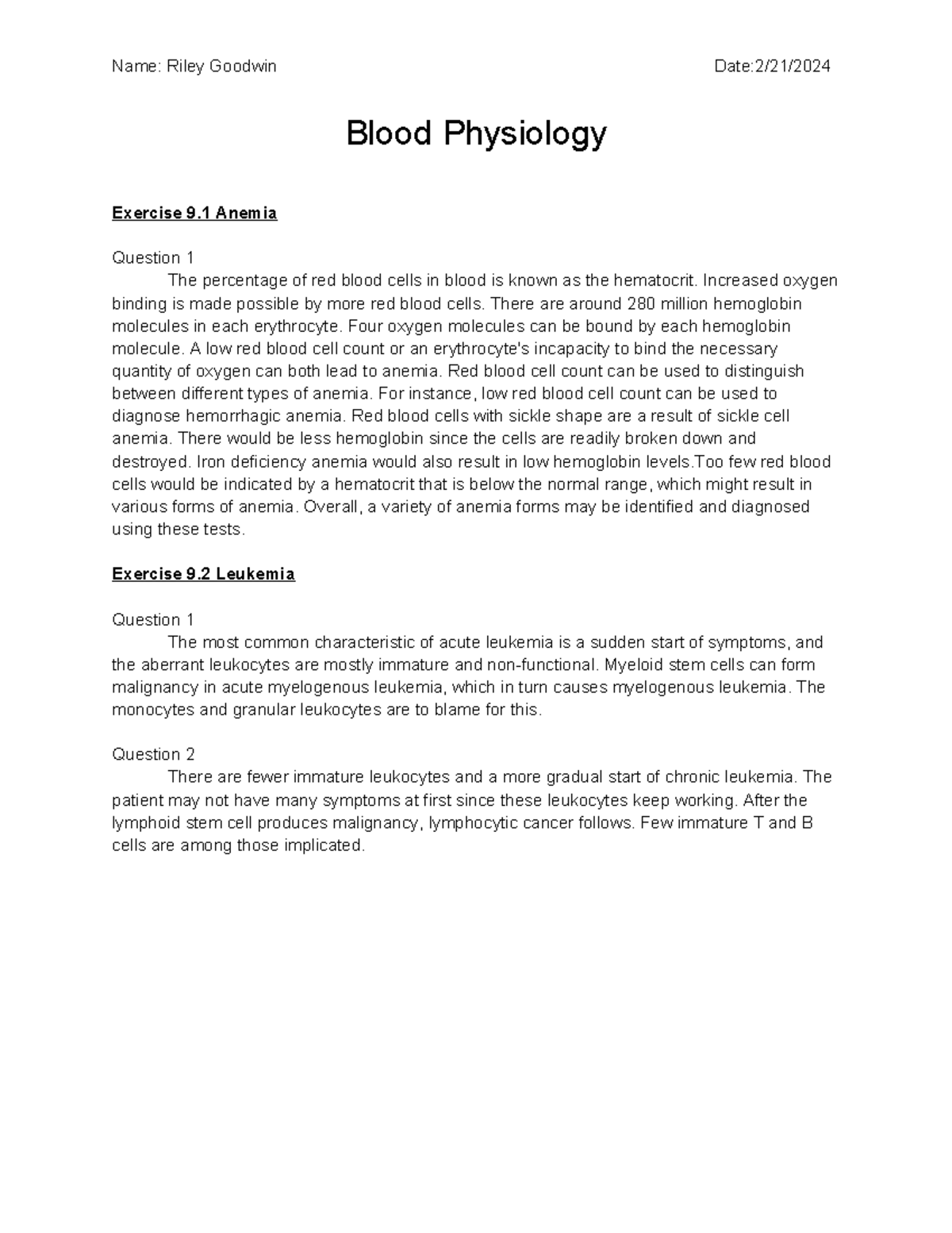 Blood Lab Report - Anemia and Leukemia Analysis by Riley Goodwin - Studocu