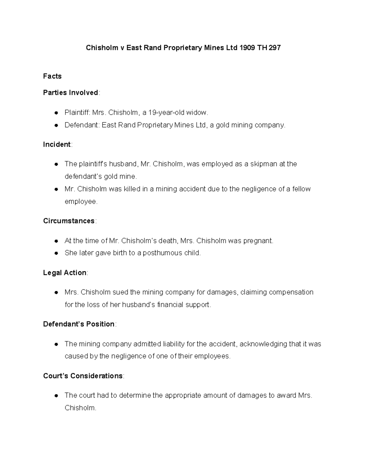 Chisholm v East Rand Proprietary Mines Ltd: Case Summary and Analysis ...