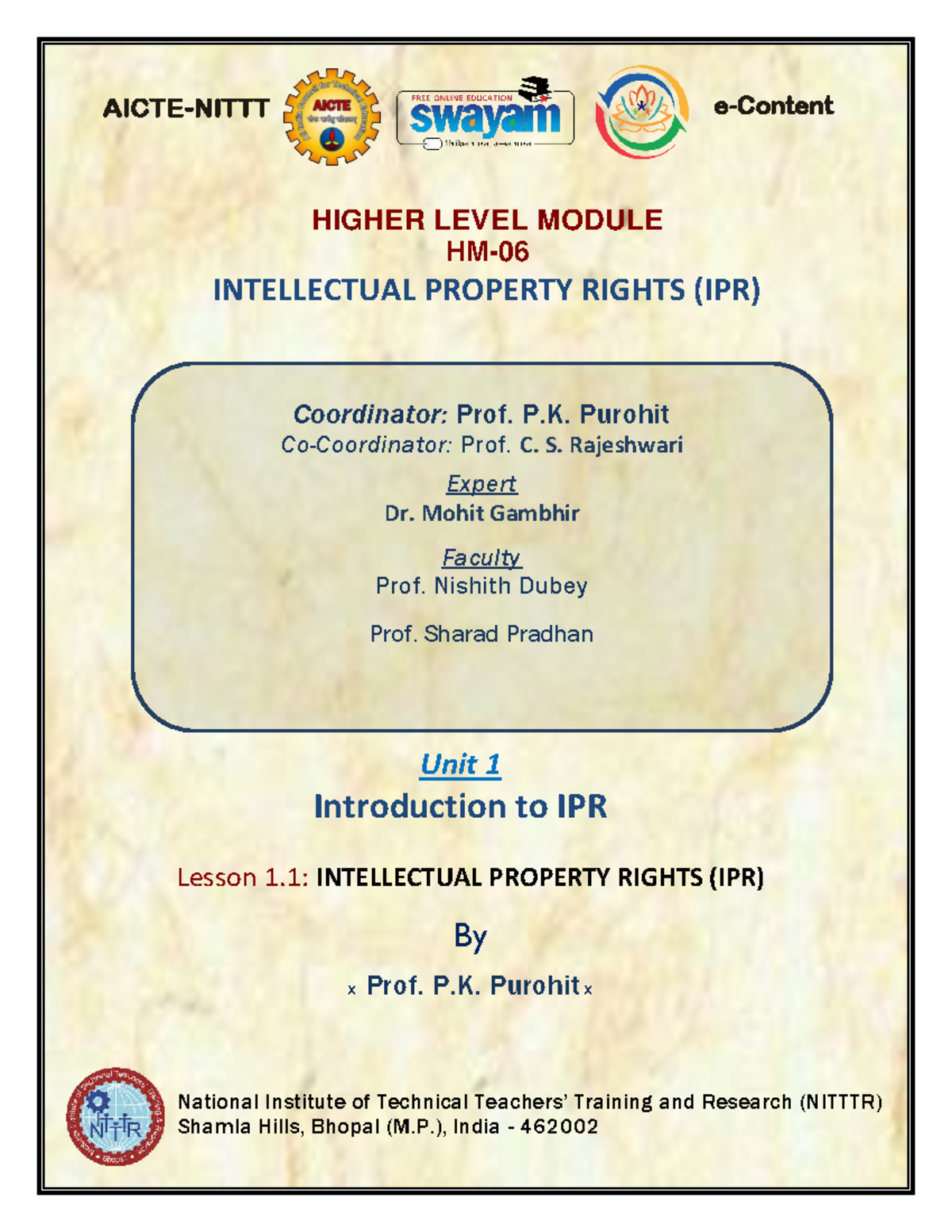 Higher Level Module IPR: Lesson 1.1 Study Notes on Intellectual ...