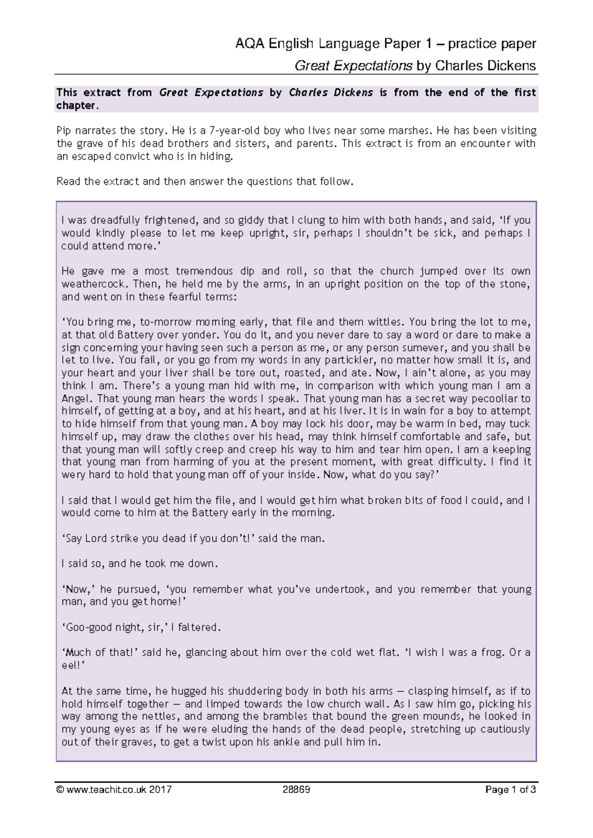 AQA English Language Paper 1 Practice: Great Expectations Excerpt ...