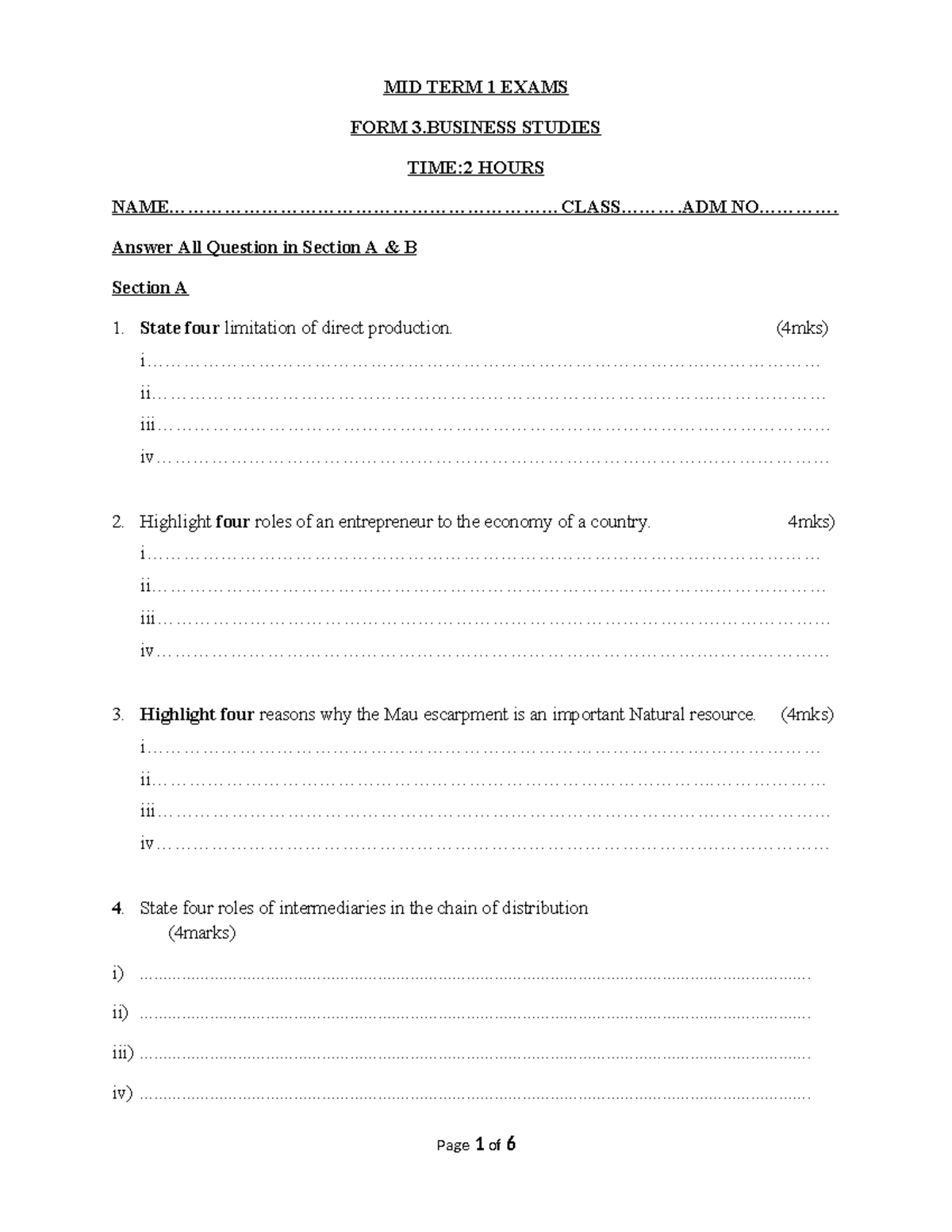 Set2 Business Studies Mid Term Exam 1 2021 Questions and Answers - Studocu
