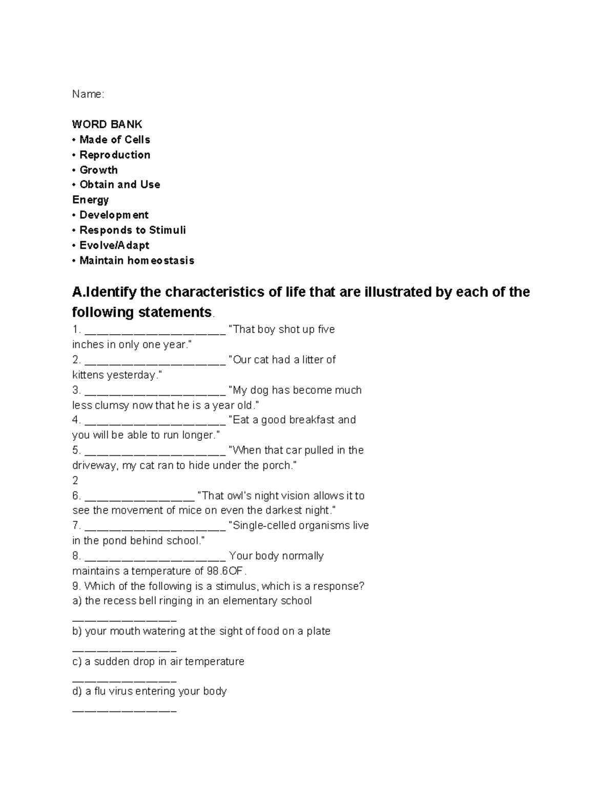 Identify Characteristics of Life Worksheet-1 - Name: WORD BANK Made of
