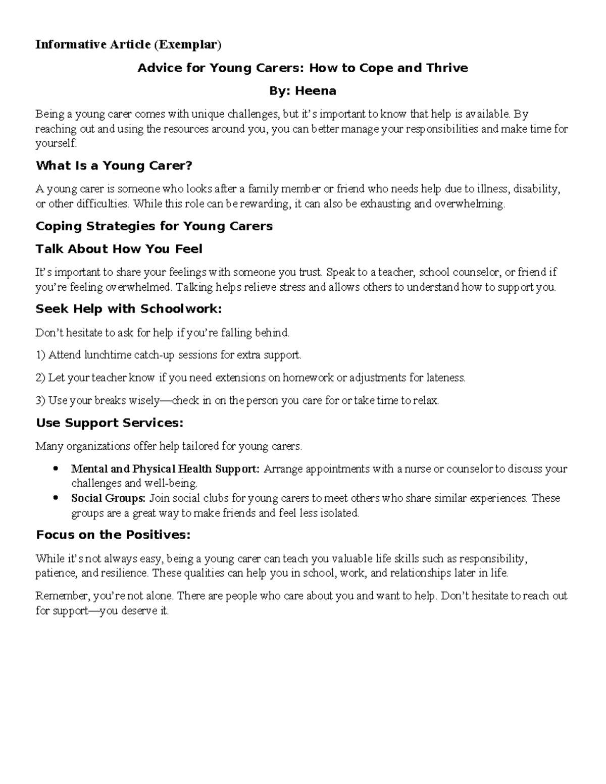Advice for Young Carers: Coping Strategies and Support (7b 2026) - Studocu