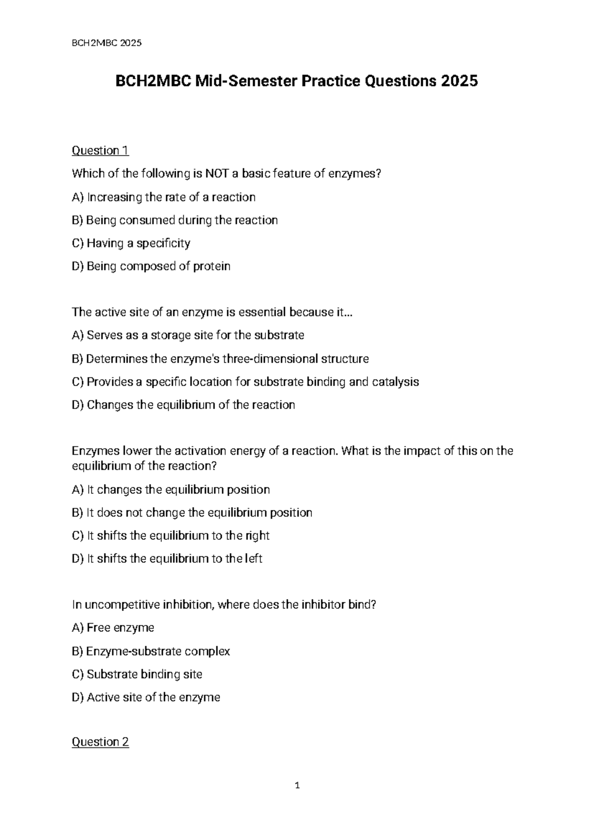 BCH2MBC 2025 Midsem Practice Questions on Enzymes and Reactions - Studocu