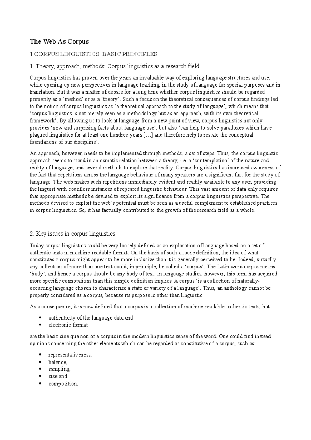 Exploring Corpus Linguistics: The Web as a Dynamic Corpus - Studocu