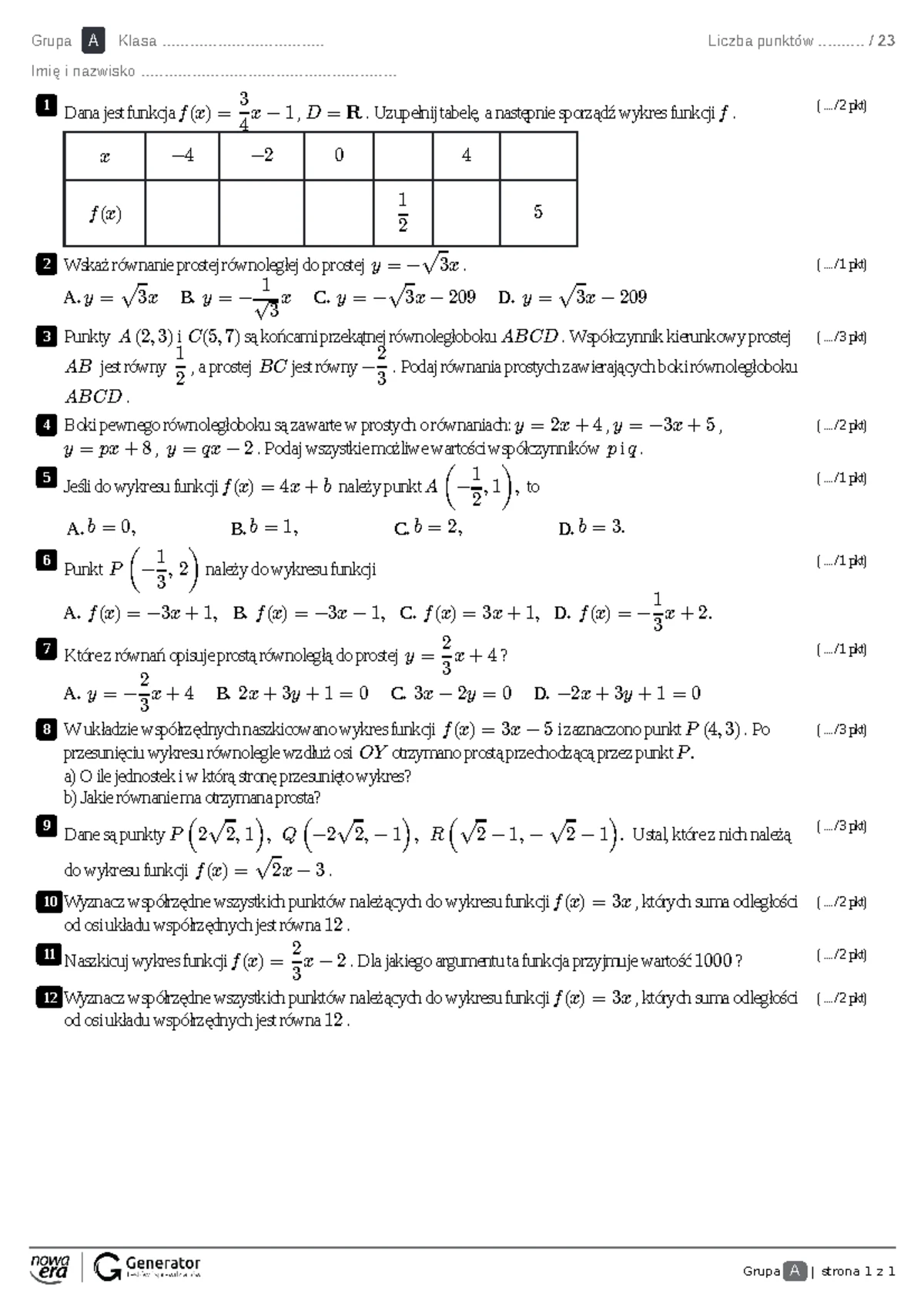 Sprawdzian Z Funkcji Liniowej Liceum Sprwdzian www.studocu.com
