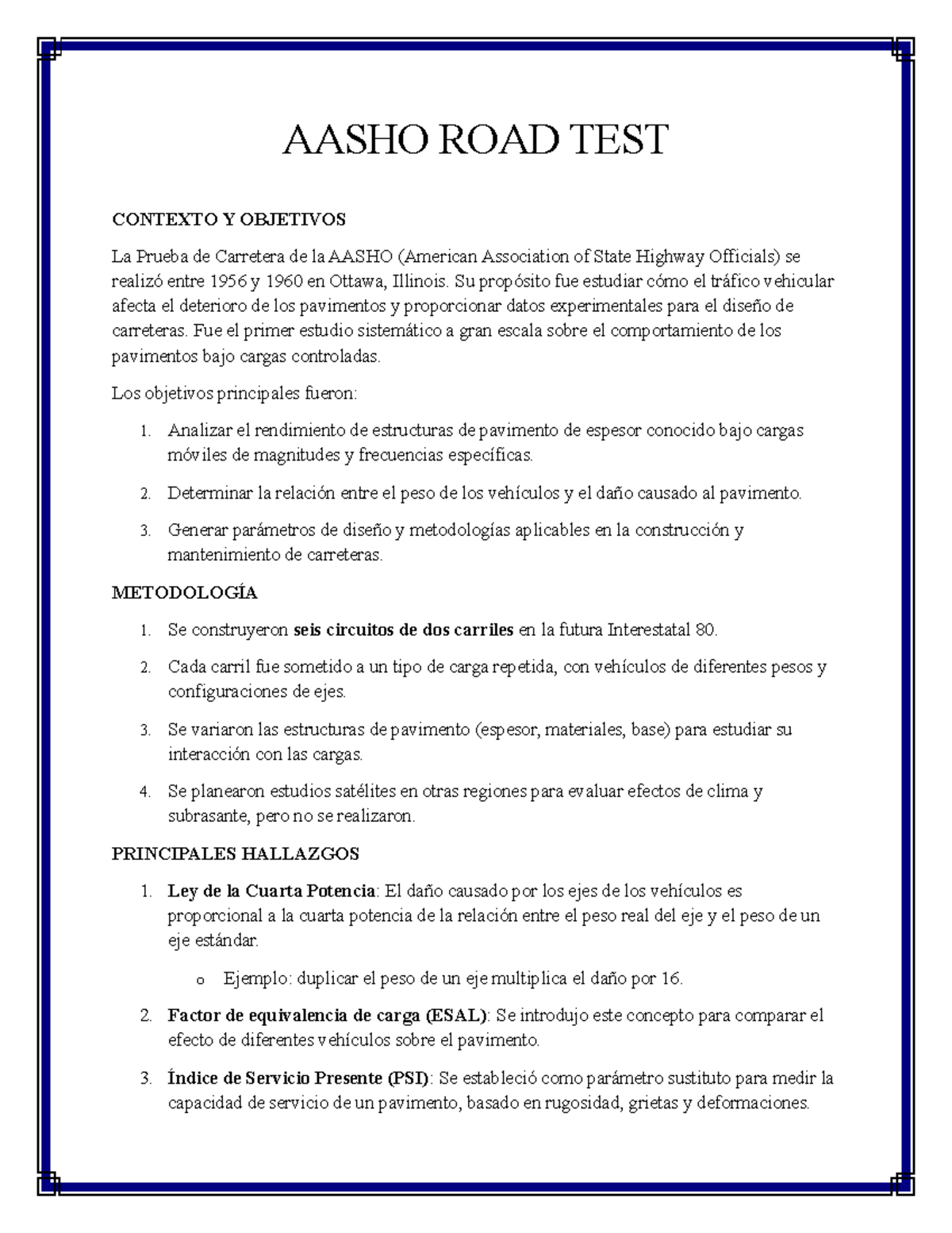 AASHO ROAD TEST - Contexto y Objetivos de la Prueba de Carretera - Studocu