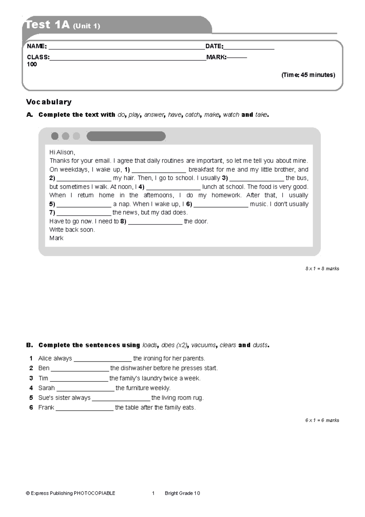 Bright Test 1A Unit 1 - Vocabulary and Everyday English Exercises - Studocu