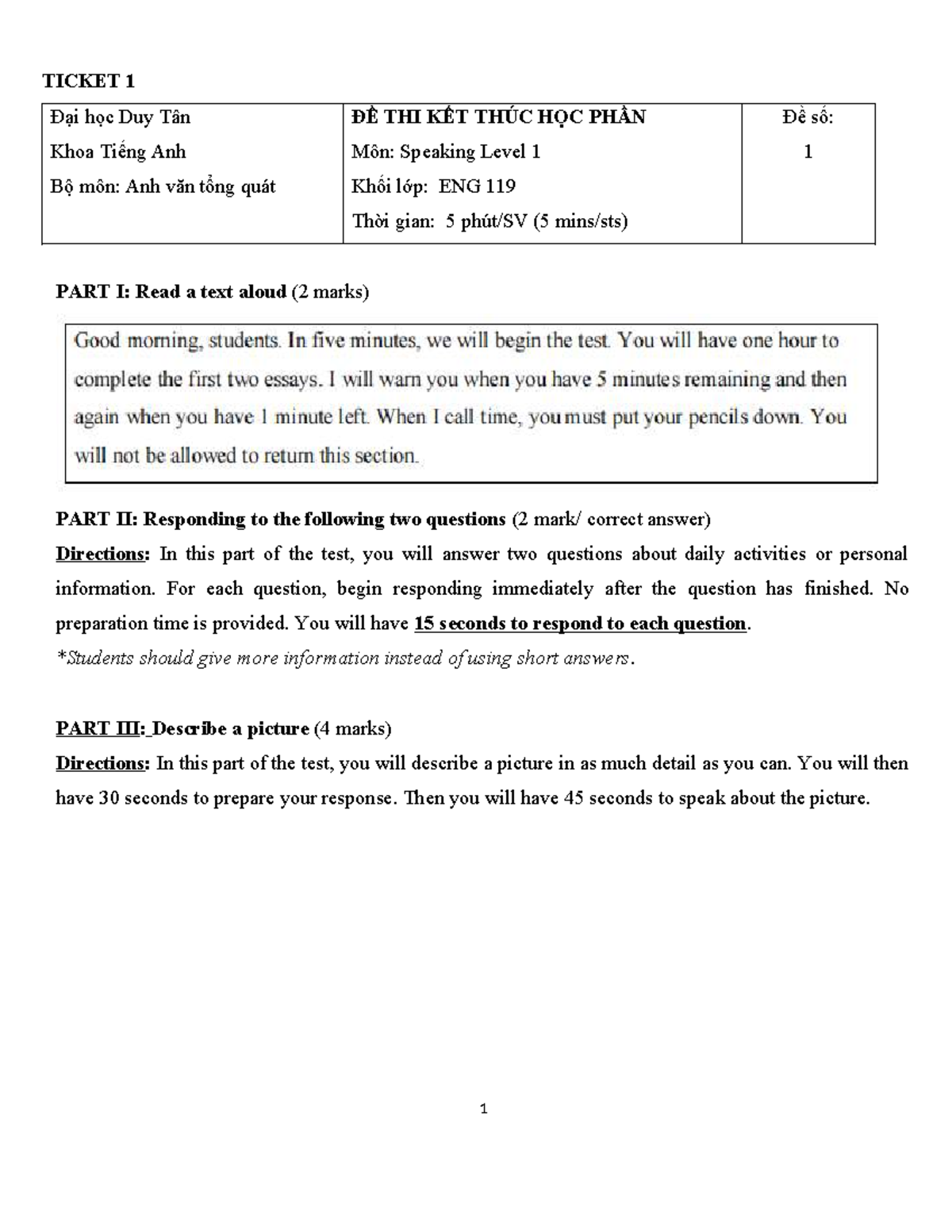ENG 119 ĐỀ THI KẾT THÚC HỌC PHẦN Môn: Speaking Level 1 - Studocu