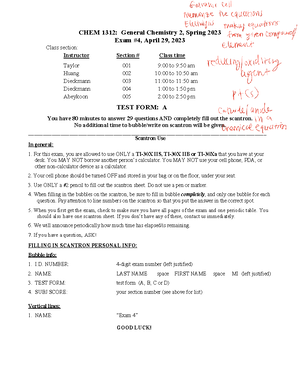 Exam2 1312 S25 v A Blank - practice exam - CHEM 131 2 : General ...
