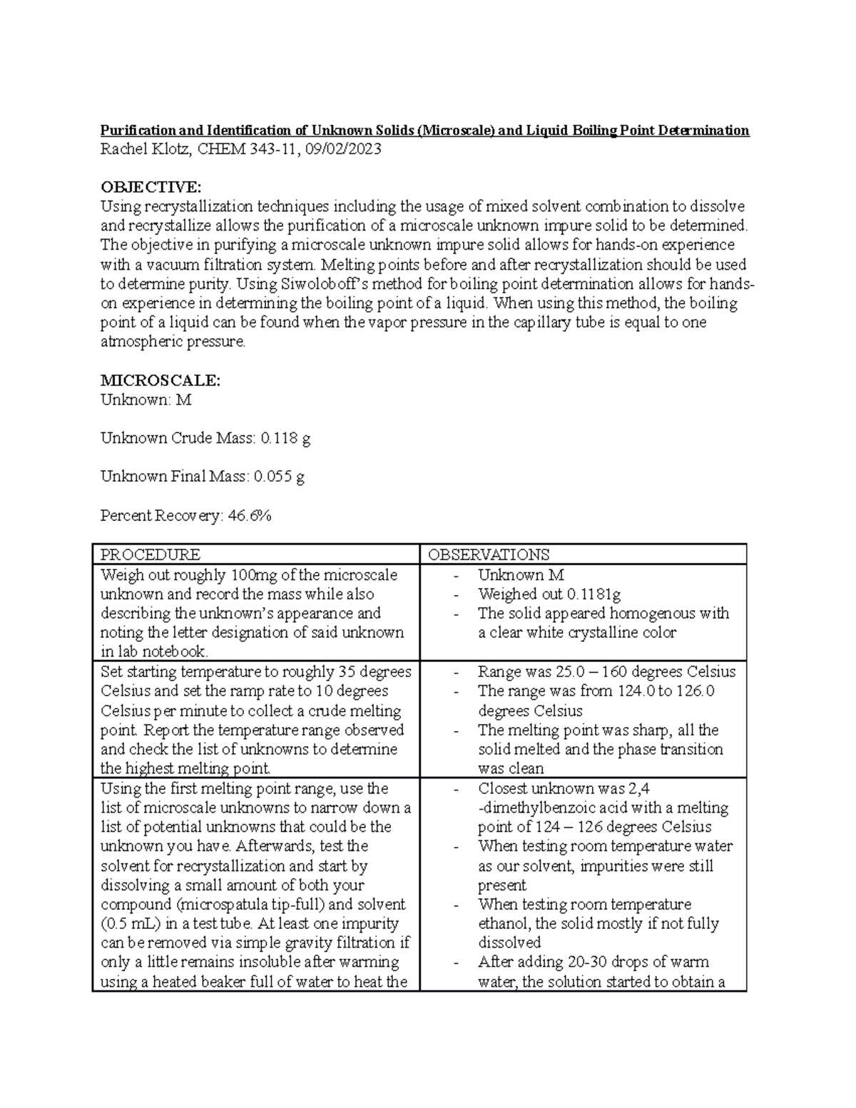 CHEM 343-11 Experiment 2: Purification & Boiling Point Lab Report - Studocu