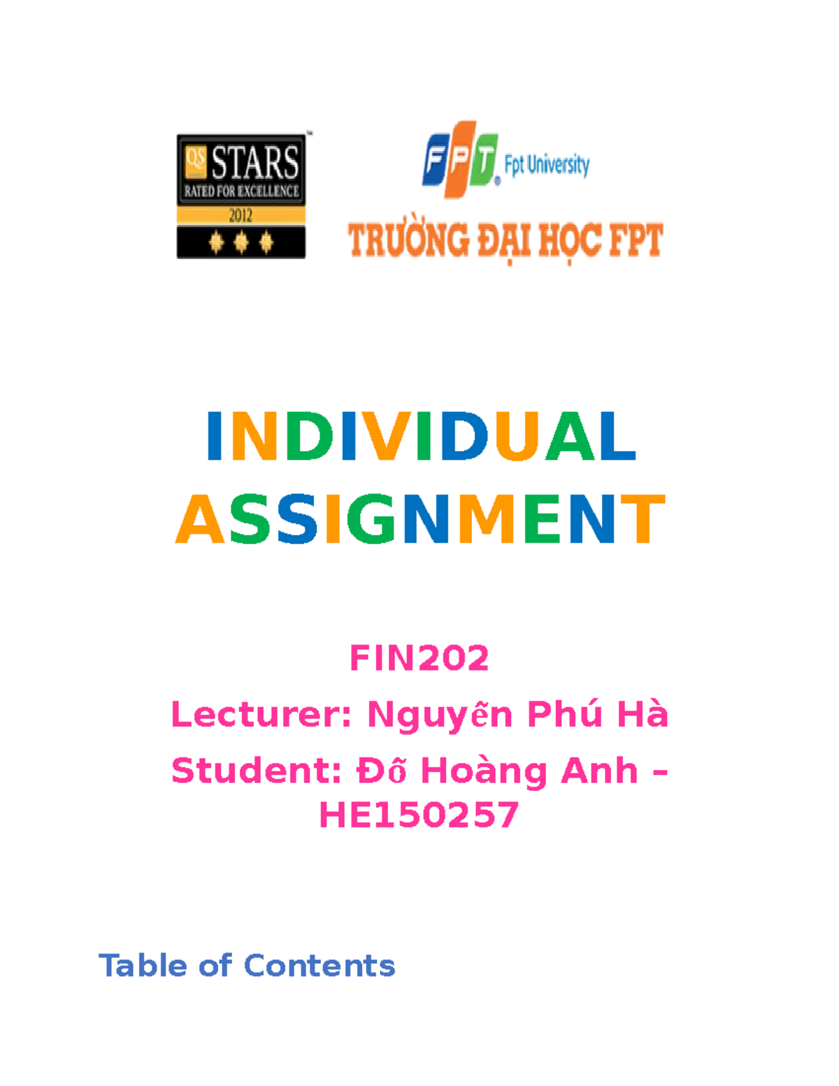 FIN202 individual assignment Gook luck - INDIVIDUAL ASSIGNMENT FIN ...